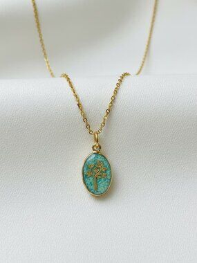 14k Gold-Plated Green Jade Teardrop Necklace with Tree-of-Life Design